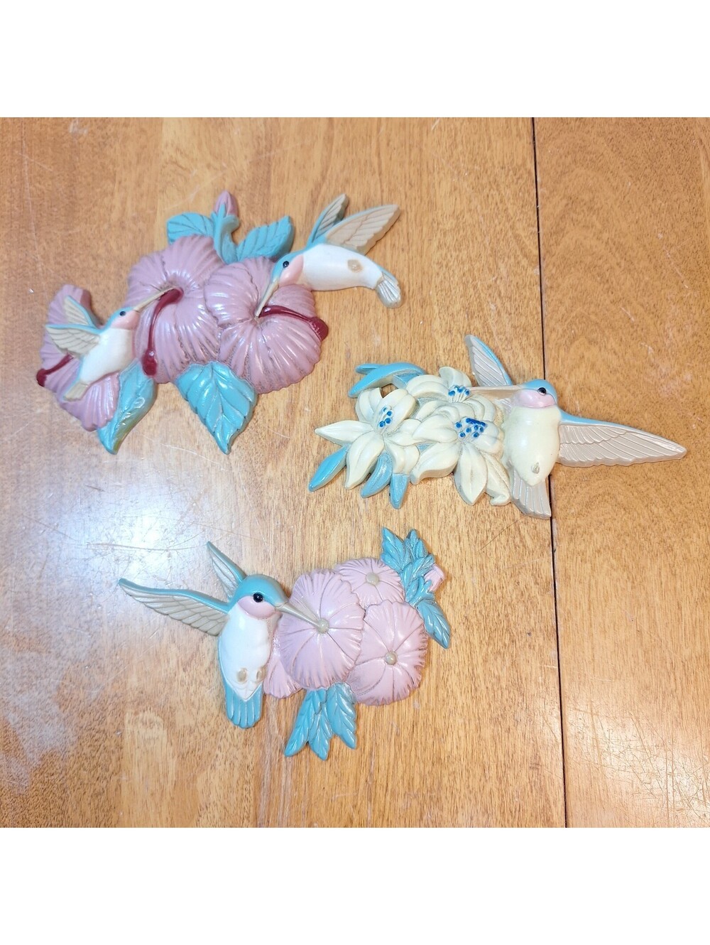 Burwood Products Hummingbird Flower Wall Plaques Set of 3 Pink Green Blue